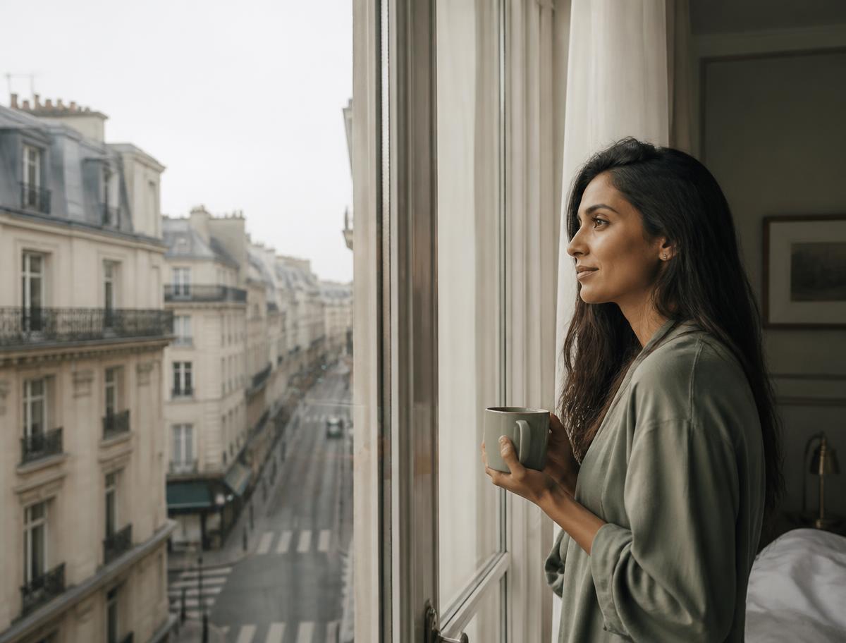 Brasileira vivendo no exterior olhando pela janela de seu apartamento
